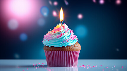 Birthday cupcake with burning candle on blue background with confetti. Delicious Cupcake with colorful candles on pastel blue background