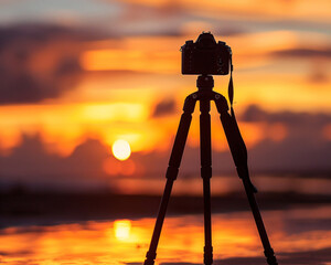 Camera tripod silhouetted against a dramatic sunset, showcasing stability for the perfect shot