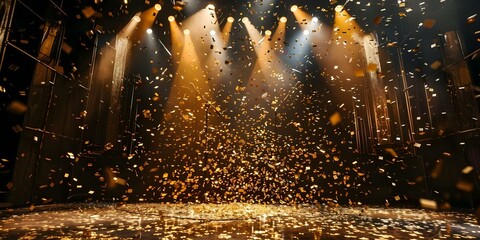 Vibrant golden confetti falls onto a stage under a bright spotlight. Concept Celebration, Gold Confetti, Stage, Spotlight, Vibrant Colors - obrazy, fototapety, plakaty