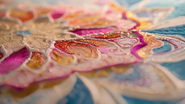 A closeup of a beautifully designed rangoli pattern made with colored rice flour or sand showcasing the creativity and artistry of Diwali celebrations.