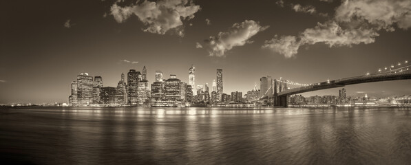 New York City night lights. Lower Manhattan and Brooklyn Bridge panorama from Brooklyn Bridge Park - 756981087