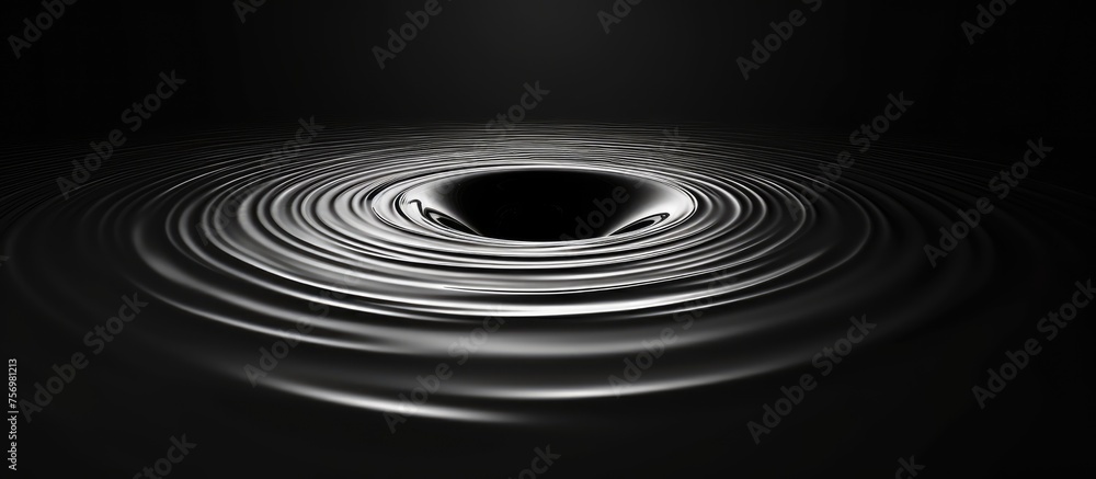 Wall mural A black hole, a dark astronomical object, in a black background with waves resembling liquid coming out of it, surrounded by darkness