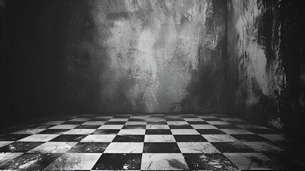 Black and White Checker Floor in Grunge Room - Vintage Interior Design with Classic Pattern, Retro Aesthetic for Background or Texture, Generative AI

 - obrazy, fototapety, plakaty