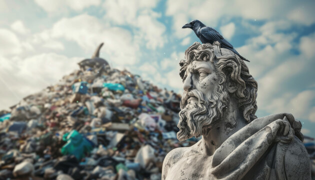 A sculpture of a Greek philosopher against the backdrop of a garbage dump with crows, environmental pollution and an environmental problem.