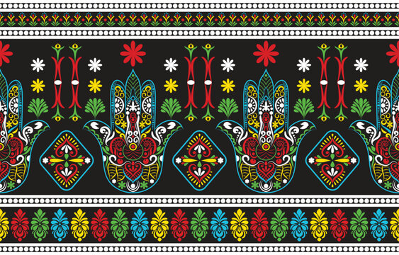 Ethnic Pattern. Ethnic India seamless pattern design oriental style. Hamsa hand India Motif.