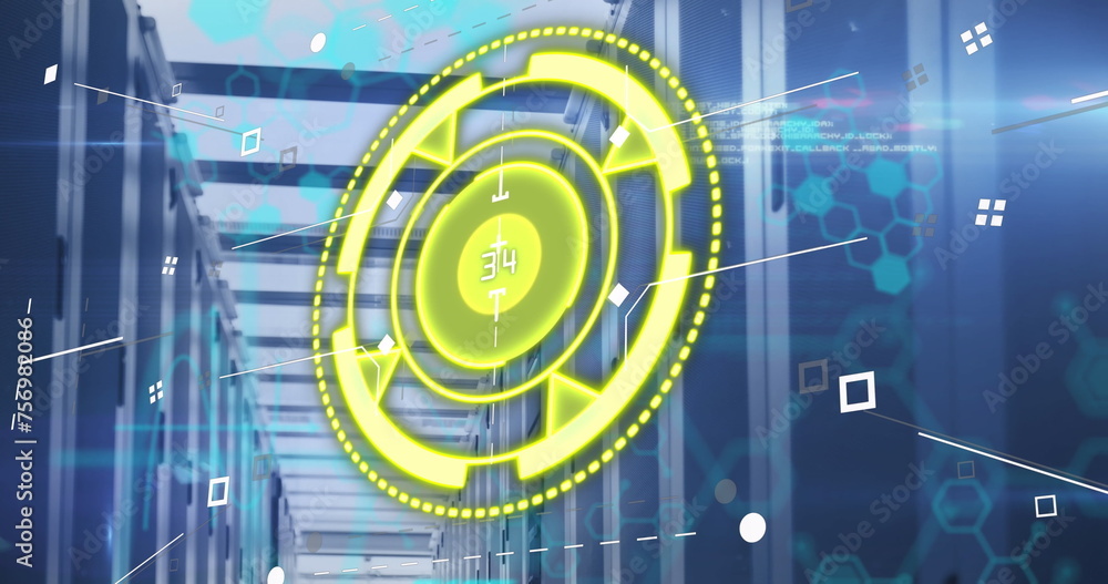 Poster image of yellow circle with numbers over data and servers