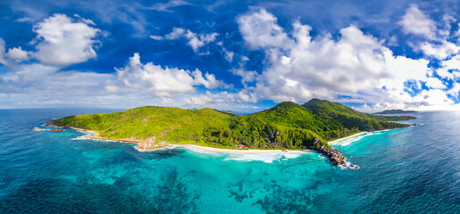 Seychelles, Africa. Panoramic aerial view of La Digue Island on a sunny day - 756982019