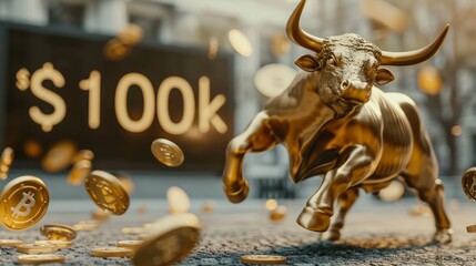 Bitcoin BTC with golden bull and coins scattered on the ground. Bullish divergence signal of crypto currency market, 100000 US Dollar target, 100k Goal