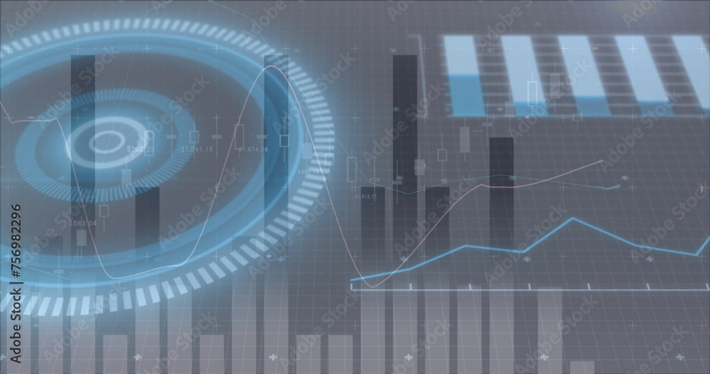 Poster image of glowing interface with charts and graphs moving on dark background
