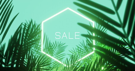 Image of sale text and leaves on green background
