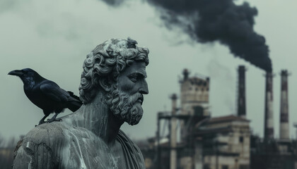 Fototapeta na wymiar Sculpture of a Greek philosopher against the backdrop of factories with black smoke, pollution and ecology.