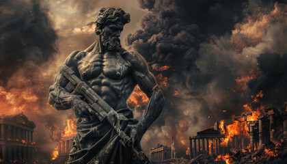 Bronze sculpture, war memorial with a machine gun against the backdrop of a war-torn city. Monument...