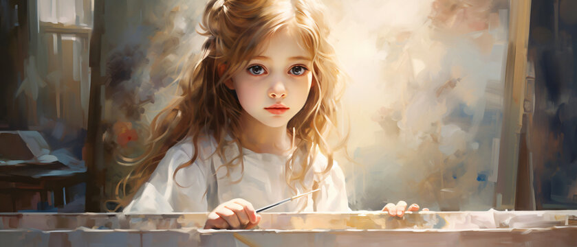 Cute girl painting on white easel.