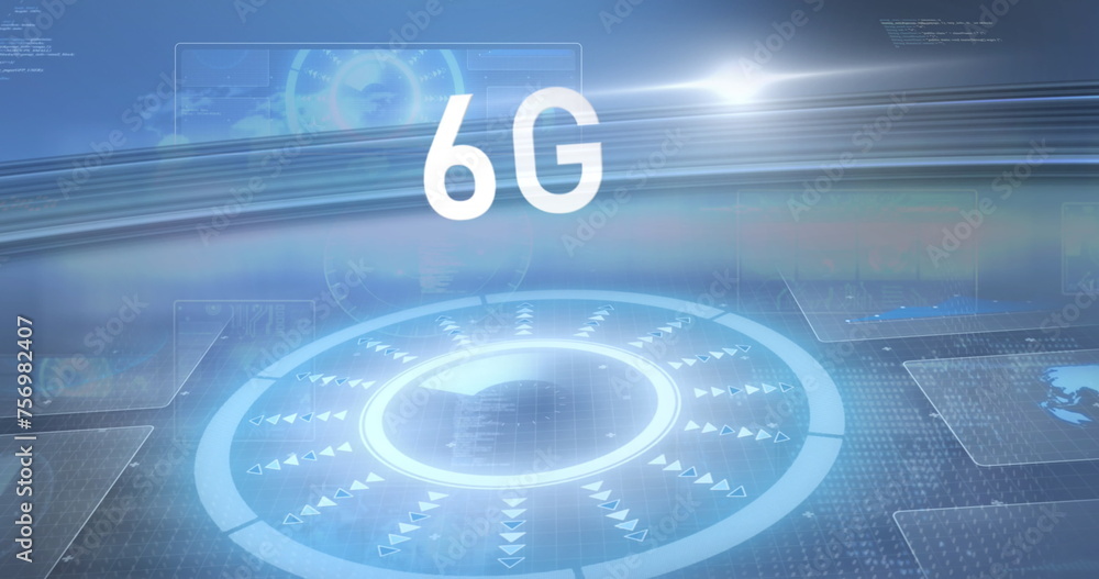 Poster image of 6g text and glowing interface with moving scope on dark background