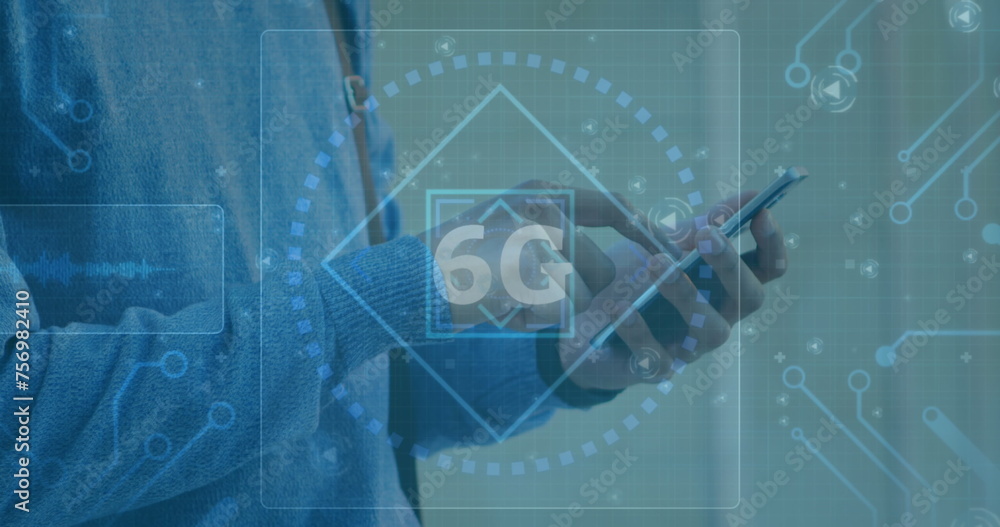 Poster image of 6g text with scope and moving interface over man using smartphone