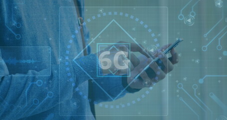 Image of 6g text with scope and moving interface over man using smartphone