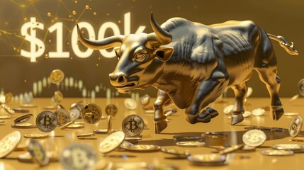 Bitcoin BTC with golden bull and coins scattered on the ground. Bullish divergence signal of crypto currency market, 100000 US Dollar target, 100k Goal