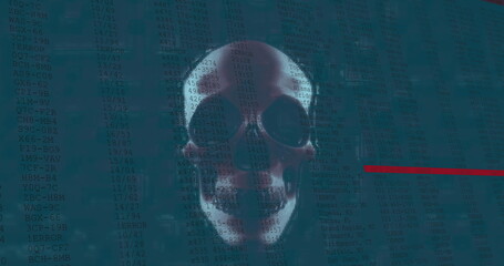 Image of interface with digital data moving rapidly over rotating human skull and red lines