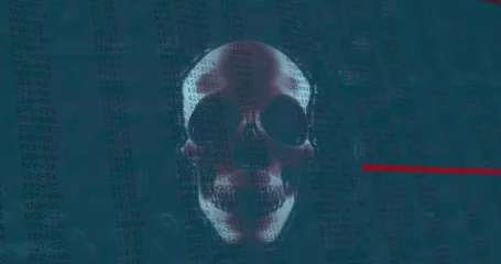 Deurstickers Image of interface with digital data moving rapidly over rotating human skull and red lines © vectorfusionart