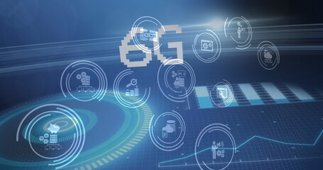 Image of 6g text and glowing interface with charts and business icons on dark background