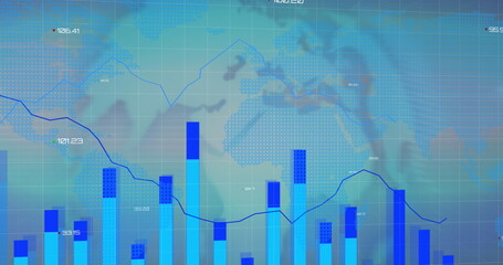Image of interface with graphs and statistics with glowing world map on blue background