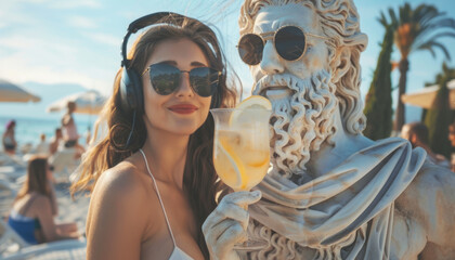 A modern sculpture of a Greek man in sunglasses and headphones is photographed with a girl on the sea beach.
