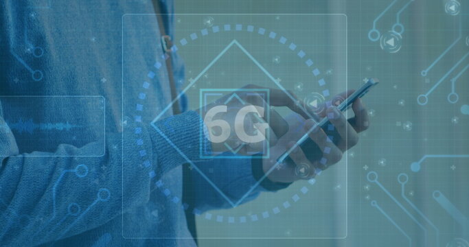 Image of 6g text with scope and moving interface over man using smartphone