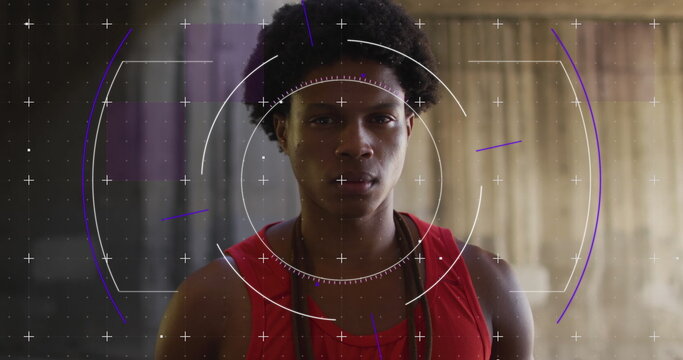 Image of data processing over african american man with jumping rope - Powered by Adobe