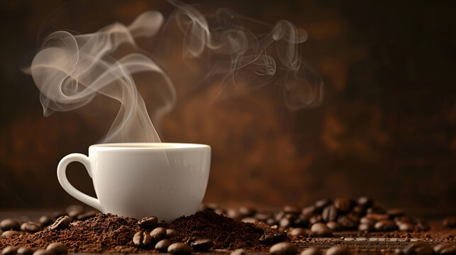 Black Coffee in White Cup with Smoke - Aesthetic Minimalism in Coffee Photography, Morning Rituals and Enjoyment of Fresh Brew, Generative AI

