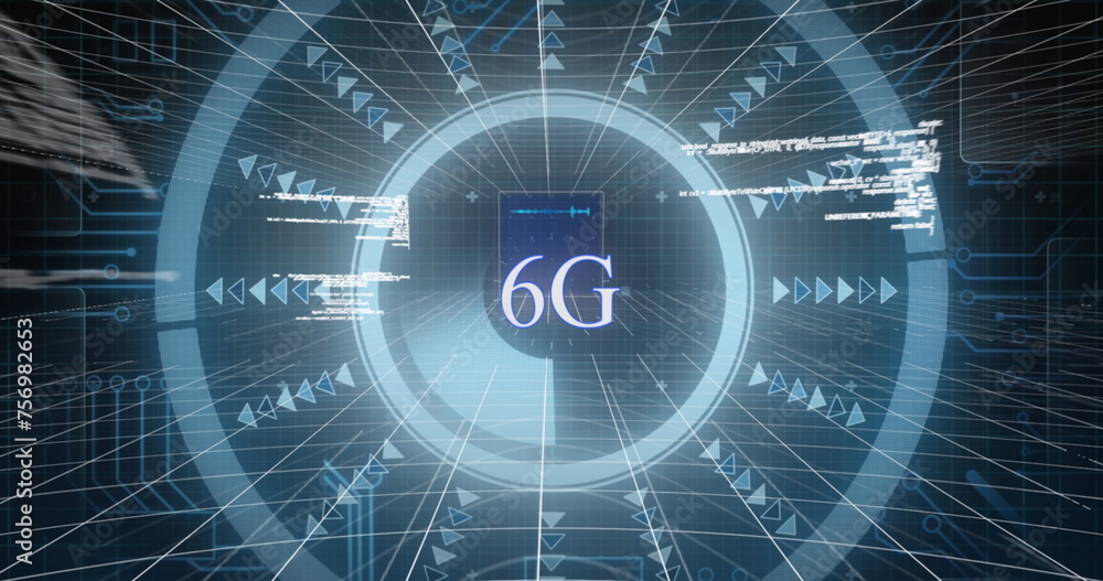 Poster Image of 6g text with glowing interface and information moving on black background
