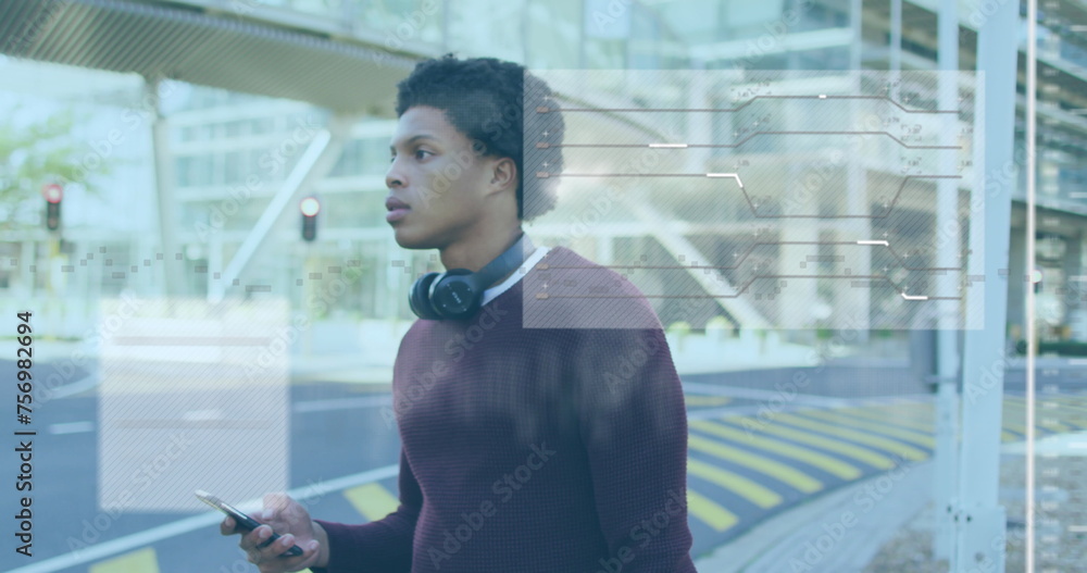 Poster image of data processing over african american man using smartphone
