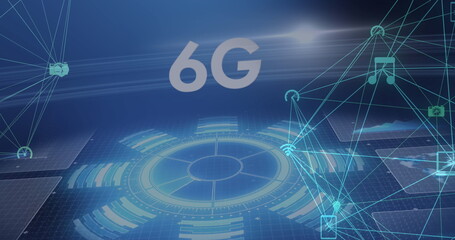 Image of 6g text with glowing interface and a network of media icons moving on blue background