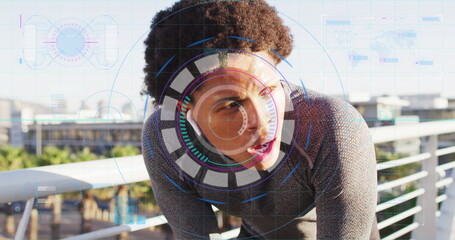 Image of data processing over african american man resting