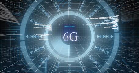 Image of 6g text with glowing interface and information moving on black background