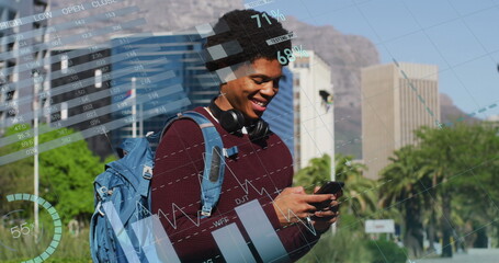 Image of data processing over african american man using smartphone