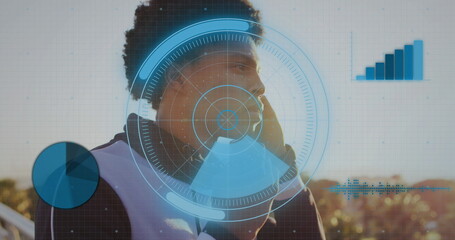 Image of scope scanning over african american man using smartphone