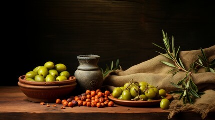 Still life with green olives, olive oil, branch, and linen napkin on wooden table
