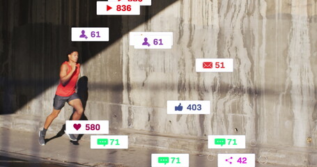 Image of media icons over african american man running