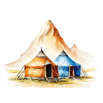 recommend clip art: Nomadic yurt camp in Mongolian steppes watercolor illustration, cute vector art clipart, camping trekking, travelling camp