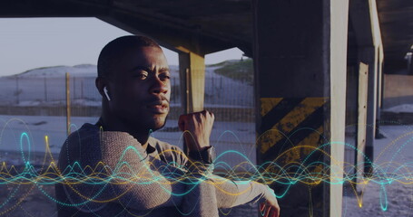 Image of lines over an exercising african american man