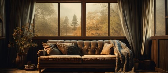 An interior design studio with a hardwood couch by a large window overlooking trees. The tints and...