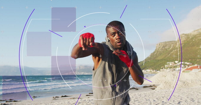 Image of digital interface over a running african american man - Powered by Adobe