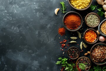 top view of food ingredients on black background with copy space, kitchen table and spices in small bowls on the side
