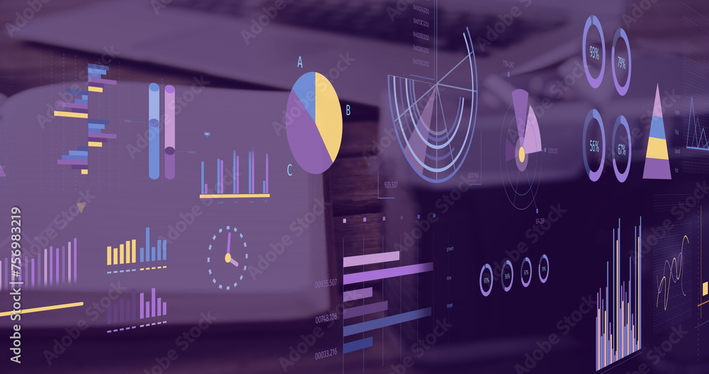 Poster image of statistics, graphs and financial data processing over computer with blank screen