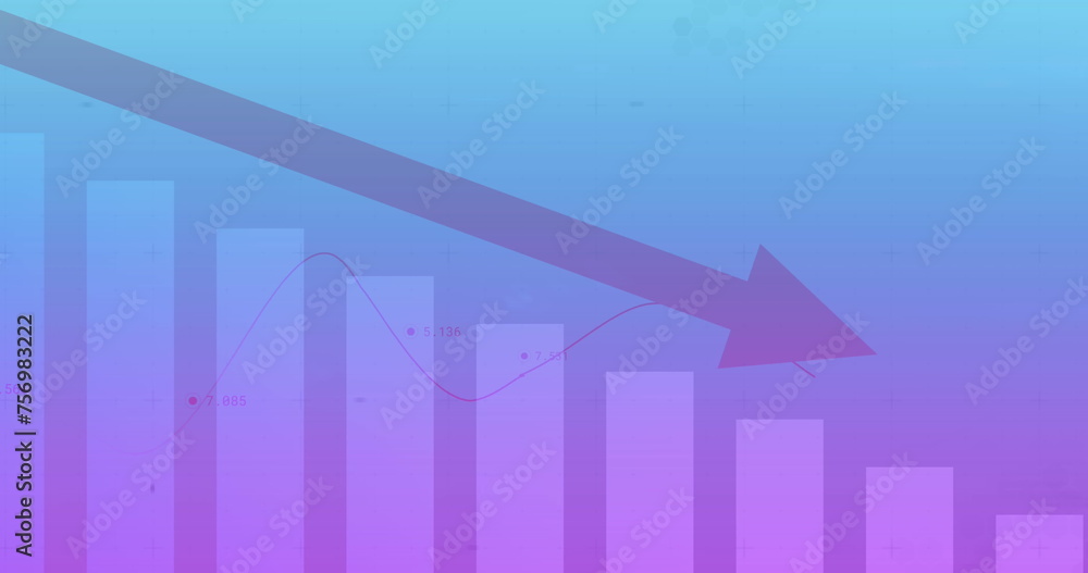 Poster image of financial data processing and statistics with arrow over blue background