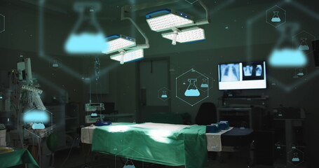 Image of network of medical icons and data processing over hospital bed