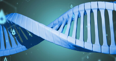 Image of icons, dna strand over data processing