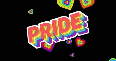 Image of pride text and rainbow hearts on black background
