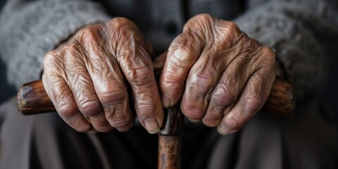 Close up senior hands on cane