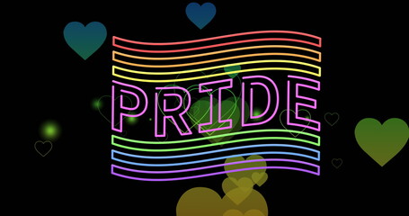 Image of pride text, flag and rainbow hearts